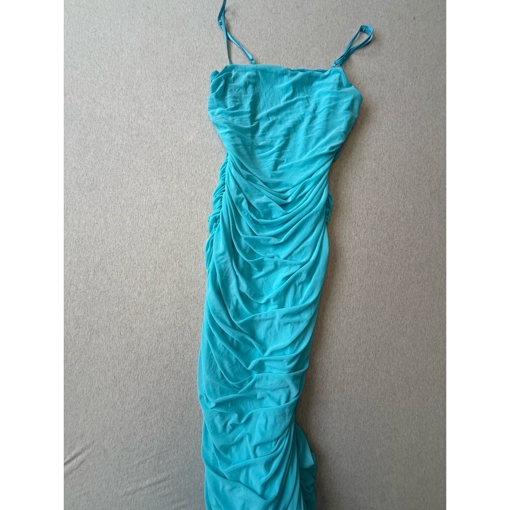 AFRM Shailene Mesh Ruched Midi Dress Turquoise Blue Size Large